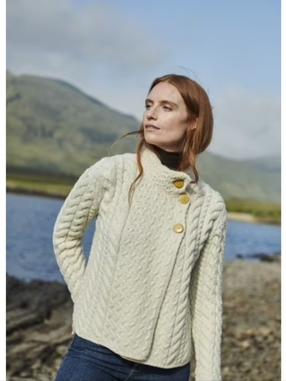 Cream Cable-Texture Buttoned Women's Cardigan Sweater